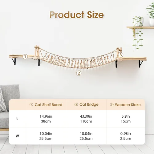 Miniatura 2 de A.FATI Puente de cuerda para gatos montado en la pared largo para gatos de interior, estantes de pared para gatos para dormir, jugar, escalar, cama