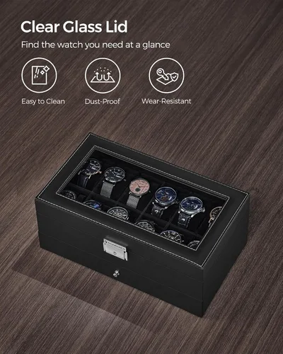 Miniatura 83 de SONGMICS UJWB012 - Caja de reloj de 12 ranuras, caja de reloj con cerradura con tapa de vidrio, 2 capas, con 1 cajón para anillos, pulseras, idea