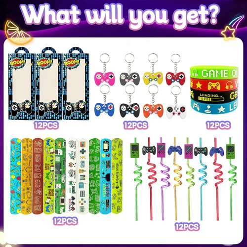 Miniatura 2 de 110 piezas de regalos de fiesta de videojuegos, suministros para fiesta de cumpleaños con pajitas reutilizables para beber, llaveros, cajas