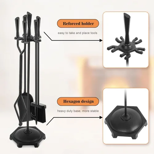 Miniatura 3 de Gtongoko Juego de herramientas para chimenea de hierro forjado, 5 piezas, para interiores y exteriores, con póquer de fuego, pala, cepillo rústico