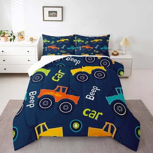 Miniatura 20 de Feelyou Juego de edredón de coche de dibujos animados para niños, edredón de construcción para niños, juego de ropa de cama de camiones y equipos