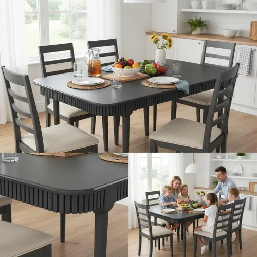 Miniatura 6 de LukeAlon Mesa de comedor de madera maciza de 63 pulgadas para 4-6, mesa de cocina moderna de mediados de siglo, mesa de comedor de granja para Negro