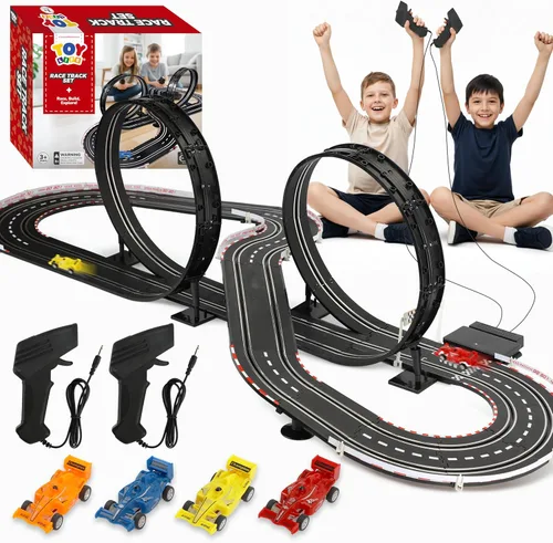 Juegos de Pista de Carreras de Coches Eléctricos para Niños de 4 a 8 años, Pista de Carreras de 20 pies para 2 Jugadores con 4 Carriles con 2 Coches