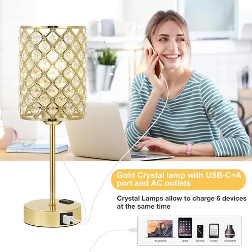 Miniatura 5 de Lámpara de mesa de cristal con control táctil, lámpara de mesita de noche regulable con puertos de carga USB-C+A y CA, lámpara USB dorada de 3 vías