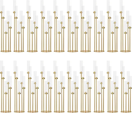 Miniatura 21 de Candelabro de 5 brazos con pantalla acrílica, juego de 4 candelabros dorados para mesa de boda, fiesta de cumpleaños, decoración del hogar, 39.4