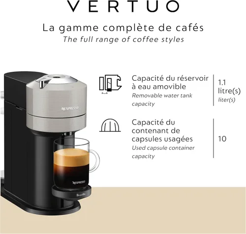 Miniatura 4 de Nespresso Vertuo Next Cafetera de café y espresso de Breville, con espumador de leche Aeroccino, gris claro