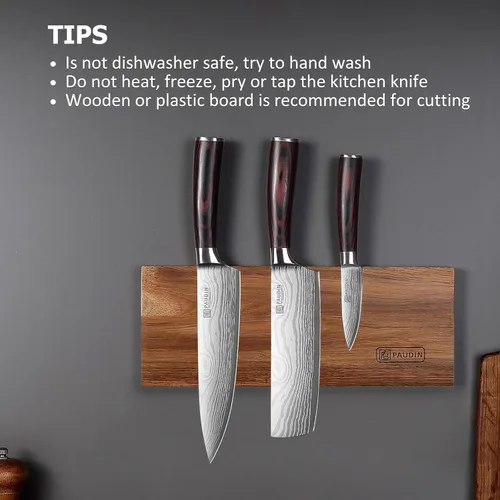 Miniatura 7 de PAUDIN Juego de cuchillos de cocina, 3 piezas de acero inoxidable de alto carbono, juego de cuchillos de chef profesionales con hoja ultra afilada