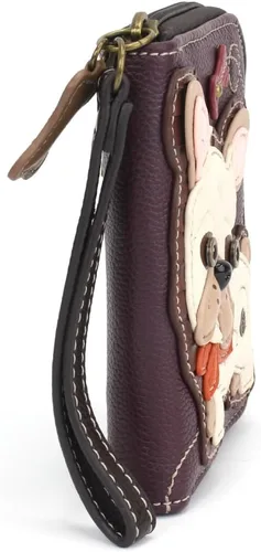 Miniatura 4 de Chala Cartera de piel vegana con cremallera alrededor con correa para la muñeca, Bulldog Francés - Ciruela, Cartera de pulsera