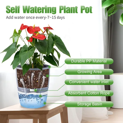 Miniatura 3 de Oliz - Macetas de 6 pulgadas con riego automático para plantas de interior, juego de 6 macetas de plástico gris con agujeros de drenaje