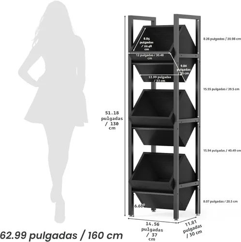 Miniatura 3 de LITTLE TREE Soporte de cesta de 3 niveles, estante de madera para piso, organizador rústico de pie, estante de almacenamiento para cocina, baño