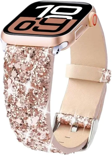 Miniatura 16 de Bling Band Compatible with Apple Watch Bands 38mm 40mm 41mm 42mm 44mm 45mm 46mm 49mm Ultra 3/2/1, Glitter Sparkle Leather Strap For iWatch Band