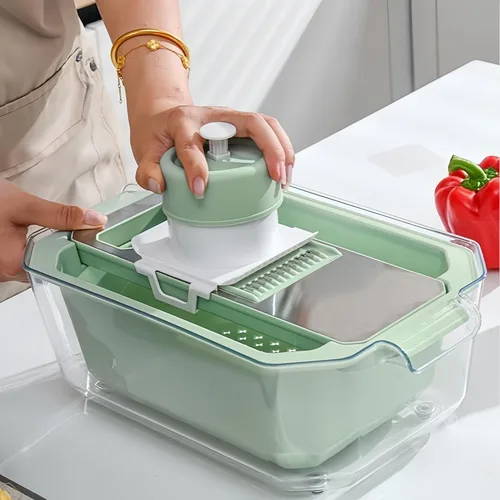 Miniatura 6 de Rallador de mandolina con cesta de drenaje, rallador de alimentos con contenedor, triturador de cocina 6 en 1 de acero inoxidable, rallador