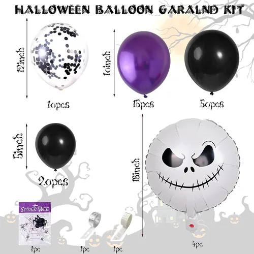 Miniatura 2 de Kit de guirnalda de arco de globos para decoración de Halloween, 101 piezas de globos de látex de confeti morado metálico y negro mate, con globos