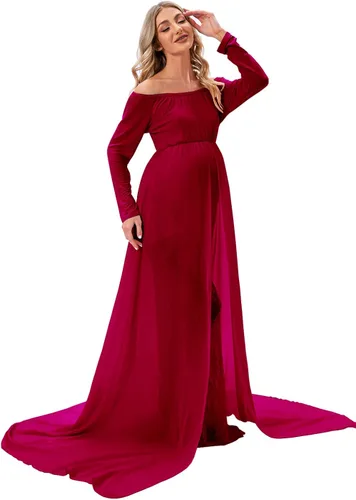Miniatura 2 de ZIUMUDY Vestido de maternidad para sesión de fotos de manga larga con hombros descubiertos vestido de encaje ajustado con capa larga de gasa trian