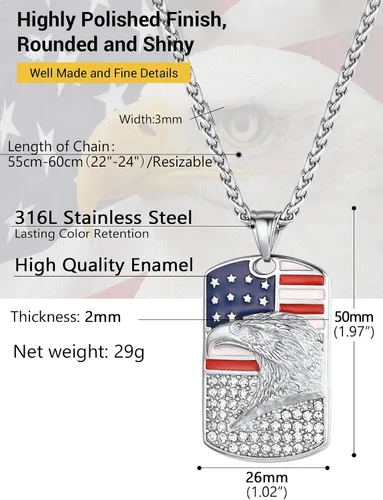 Miniatura 3 de PROSTEEL Collar con etiqueta de perro de la bandera estadounidense, dije de bandera nacional de Estados Unidos, collar patriótico chapado en acero