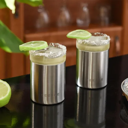 Miniatura 6 de Juego de 2 vasos de whisky, vaso aislado con inserto de vidrio extraíble, vaso de cóctel aislado, balón bajo antiguo para margaritas, bourbon, Acero