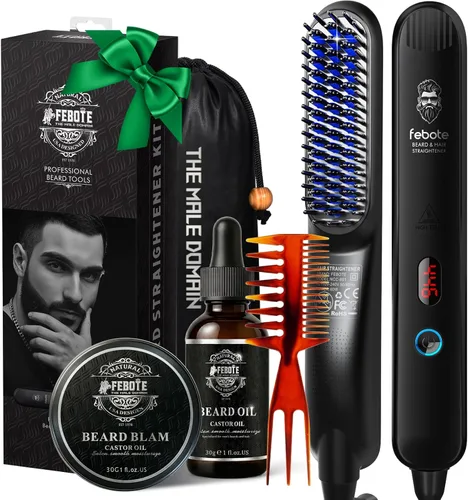 Miniatura 9 de Cepillo iónico calentado para alisar el cabello para hombres, 5 ajustes de temperatura, antiquemaduras, moldeador de barba y bolsa de viaje