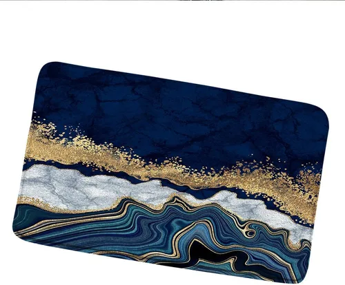 Tapete de baño de mármol azul marino, dorado, gris, abstracto, arte moderno, textura de tinta, piedra, moda, alfombra de baño, alfombra de puerta de