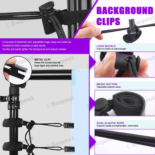 Miniatura 5 de Swpeet Kit de 22 abrazaderas para telón de fondo de fotografía, 10 anillos de cortina con clips, 6 abrazaderas de resorte para telón de fondo y 6