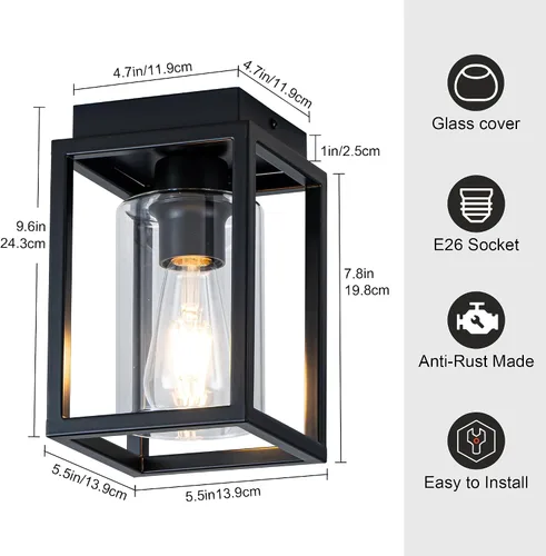 Miniatura 6 de Mayful Lámpara de techo de montaje empotrado con pantalla de cristal transparente, lámpara de techo de marco de metal negro para granja para isla