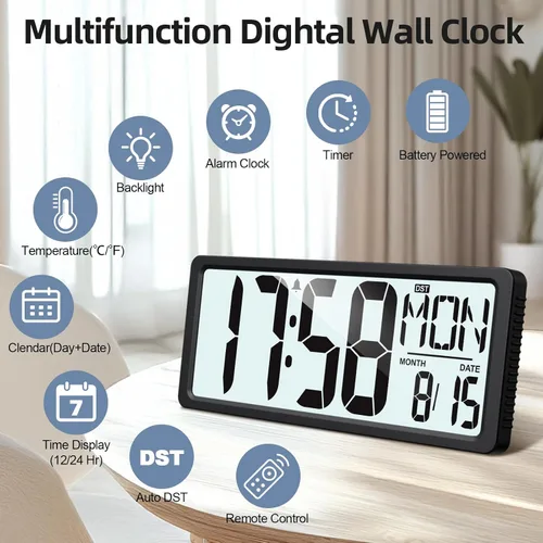 Miniatura 3 de XREXS Reloj de pared digital grande, funciona con pilas, con retroiluminación, temporizador de pantalla grande LED de 15 pulgadas con temperatura