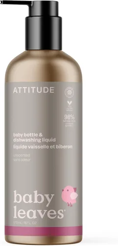 ATTITUDE Jabón para platos y limpiador de biberones para bebés, líquido para lavar platos verificado por EWG, sin tintes ni fragancias añadidos,