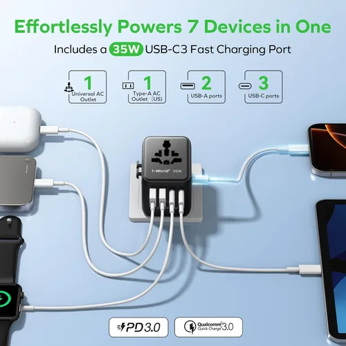 Miniatura 2 de MOMAX Adaptador de viaje universal 7 en 1, adaptador de enchufe de viaje europeo todo en uno con 3 USB-C PD y 2 USB-A QC y 2AC, adaptador de Negro