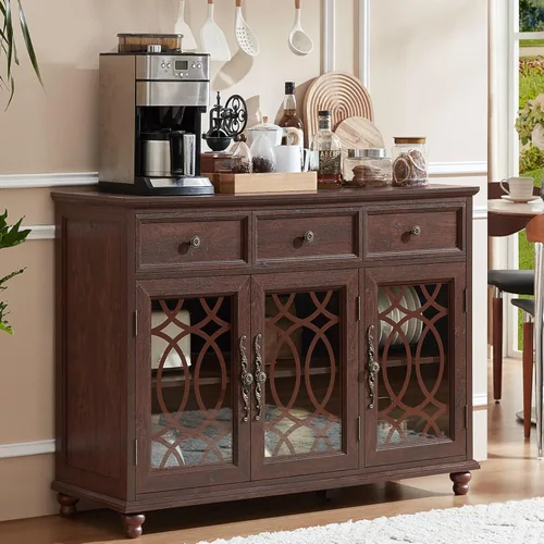 Miniatura 32 de Joaxswe Aparador de estilo rústico con almacenamiento, credenza grande de 59 pulgadas con 4 puertas de vidrio y 2 cajones, estantes ajustables, mesa