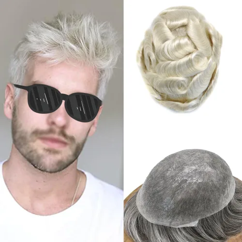 Miniatura 38 de Pieza de pelo para hombre Toupee pelo humano real tupé para hombres piezas de pelo sistema de reemplazo para hombres piel ultra fina 0.002 in 17#