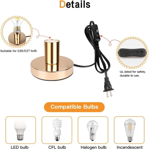 Miniatura 4 de Helunsi Lámpara de mesa industrial, base dorada E26 E27 sin pantalla, lámpara de escritorio mini corta con bombilla expuesta, soporte de bombilla