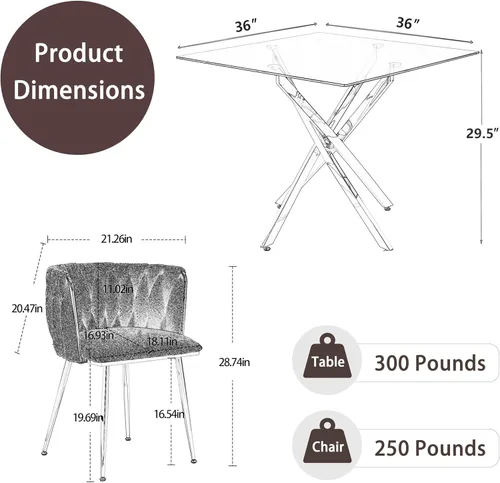 Miniatura 7 de RGZ Juego de mesa de cocina cuadrada minimalista moderna de 3 piezas, mesa de comedor de vidrio transparente con sillas tejidas negras, juego de 2