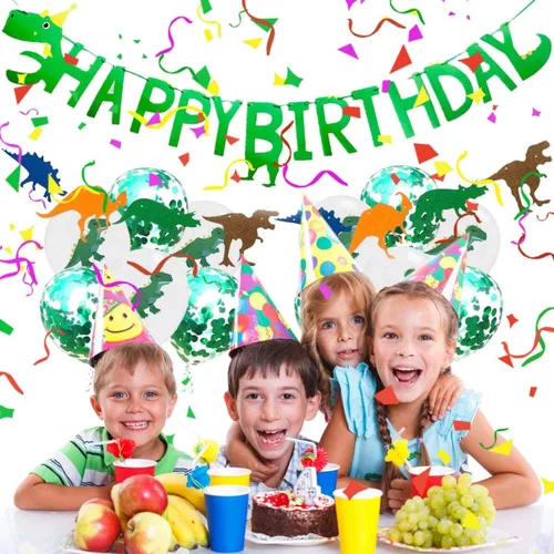 Miniatura 5 de Cartel de feliz cumpleaños con temática de dinosaurio, decoración de fiesta, juego de suministros de fiesta del mundo jurásico para fiestas