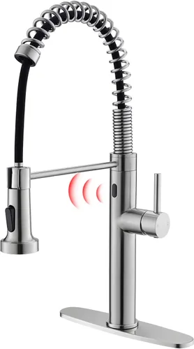 Fapully Grifo de cocina sin contacto con rociador extraíble, sensor comercial desplegable de una sola manija grifo de fregadero de cocina níquel