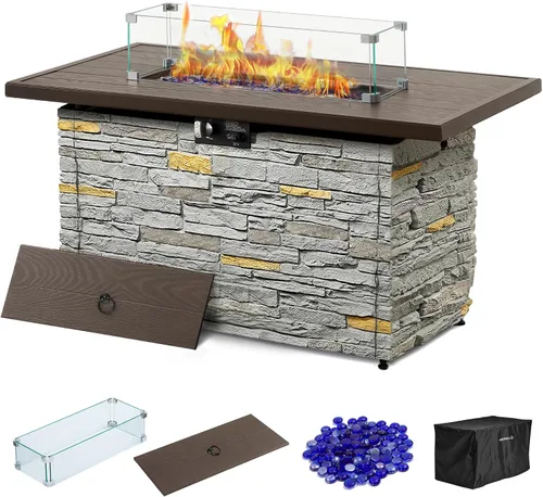 Miniatura 9 de Mesa de Hoguera de Propano PIZZELLO de 43 Pulgadas al Aire Libre, Mesa de Fuego Rectangular de Piedra para Exteriores, Mesa de Hoguera de 50,000 BTU