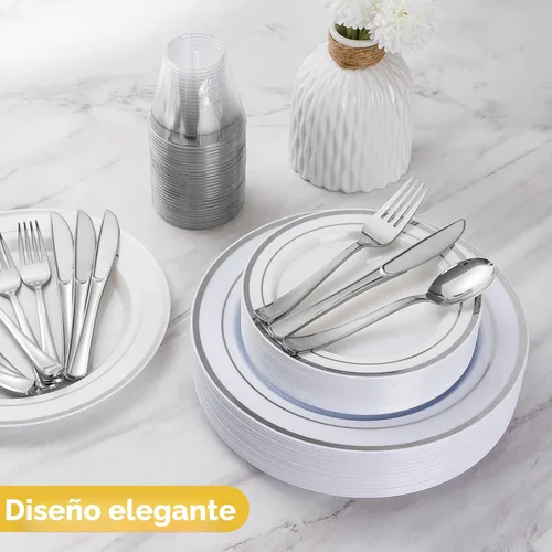Miniatura 4 de Goodluck 600 Piezas Platos Desechables Plateados para 100 Invitados, Juego de Vajilla de Plástico de 100 Platos de Cena, 100 Platos de Ensalada, 100