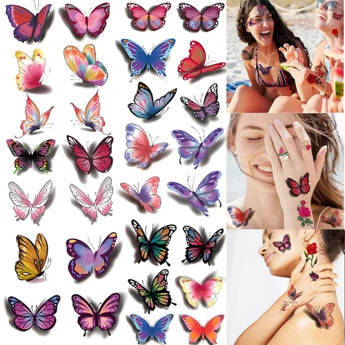 60 hojas de tatuajes temporales de flores 3D de mariposas para mujeres y niñas, calcomanías de tatuaje de rosas coloridas, impermeables, para