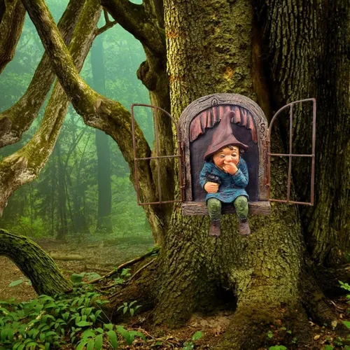 Miniatura 5 de Abrazador de árbol de elfo de 7.1 pulgadas, estatua de gnomo de jardín de hadas, figura de gnomo de resina colgante, escultura de árbol caprichosa