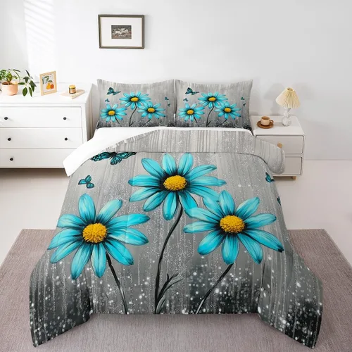 Miniatura 6 de Feelyou Daisy - Juego de ropa de cama tamaño individual para niños y niñas, estampado floral botánico, juego de edredón natural para niños, juego