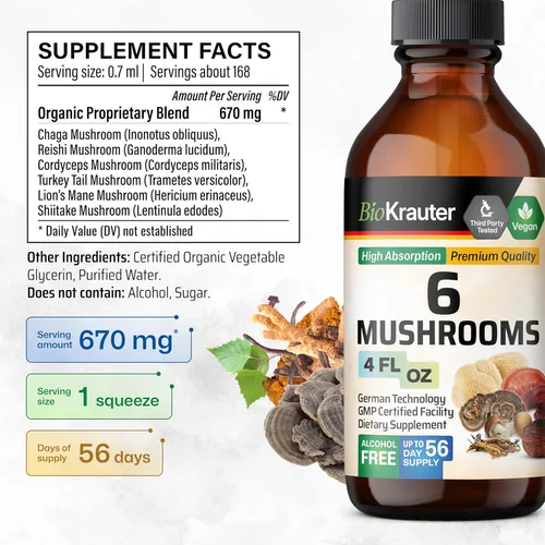 Miniatura 3 de BIO KRAUTER® Complejo de hongos 6 en 1 con melena de león, chaga, reishi, cordyceps, cola de pavo y shiitake - Suplemento vegano de hongos