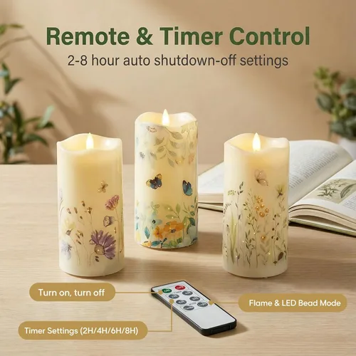 Miniatura 4 de Eywamage Velas de pilar de fibra óptica sin llama con control remoto, juego de 3, velas LED de resorte floral de mariposa, funciona