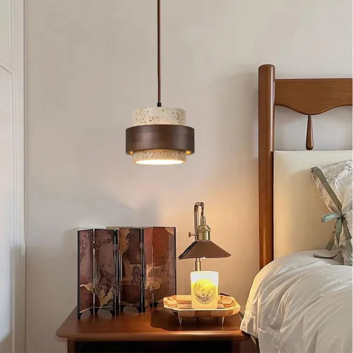 Miniatura 9 de Wabi-Sabi - Colgante de piedra natural nórdica con diseño de cueva amarilla clara con diseño de piedra de madera, luz vintage de travertino