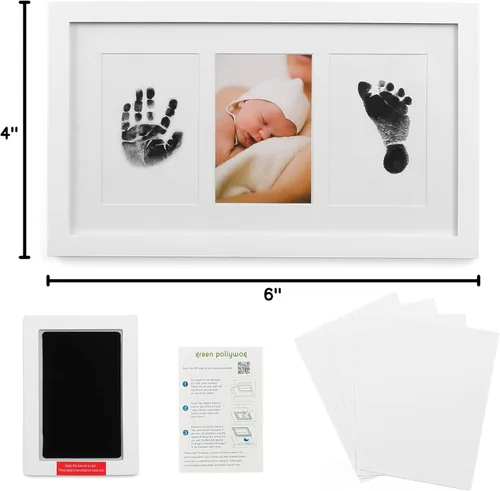 Miniatura 10 de Green Pollywog Kit de huellas y huellas para bebé, elegante marco blanco con almohadilla sin tinta, no tóxica, recuerdo para recién nacido