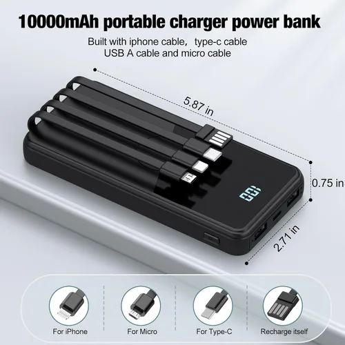 Miniatura 2 de Cargador portátil con cables integrados, batería de alta velocidad de 10000 mAh, paquete de batería de viaje, 5 salidas, 3 entradas, cargador
