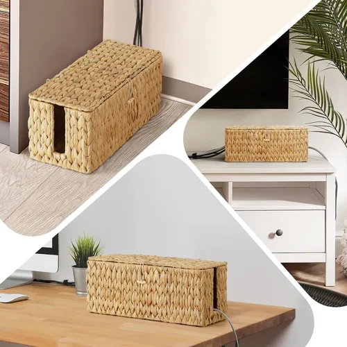 Miniatura 6 de Posprica Caja de Gestión de Cables con Tapa, Paquete de 2 Cajas Organizadoras Ocultadoras de Cables Tejidas a Mano de Jacinto de Agua Real, Caja