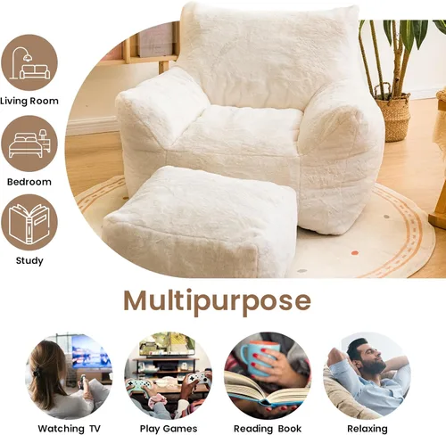 Miniatura 6 de Cvortll Silla de Puf con Otomana, Sillas de Puf con Reposobrazos y Relleno, Silla de Puf Ultra Suave y Esponjosa de Pelo Sintético con Reposapiés