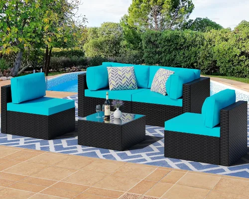 Miniatura 9 de Shintenchi - Juego de 5 piezas de sofá seccional para patio al aire libre, juegos de muebles de mimbre PE, juegos de conversación para patio
