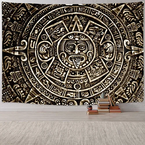 Miniatura 8 de Tapiz maya azteca para colgar en la pared, vista cercana de la historia del antiguo calendario azteca de la civilización maya, decoración artística