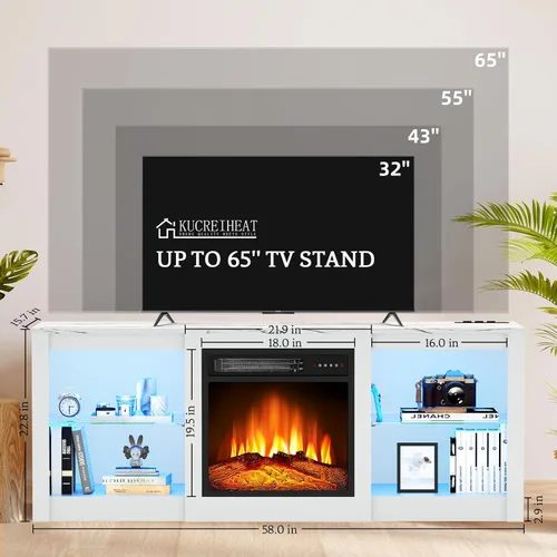 Miniatura 7 de Kucreiheat Soporte de TV con chimenea con luz LED y centro de entretenimiento con chimenea para TV de 65 pulgadas con estantes de vidrio ajustables
