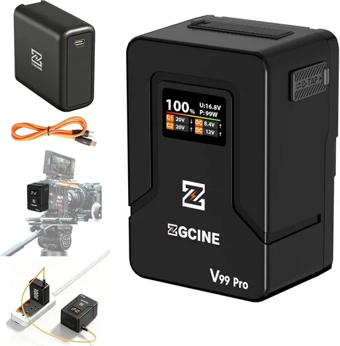 ZGCINE - Batería de montaje en V V99 Pro con cargador USB-C PD100W, 1.5H completamente cargada, 6400mAh 94.72Wh 14.8V con D Tap/Dual USB