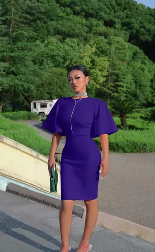 Miniatura 3 de Memoriesea - Vestido midi entallado con mangas cortas acampanadas con volantes para mujer